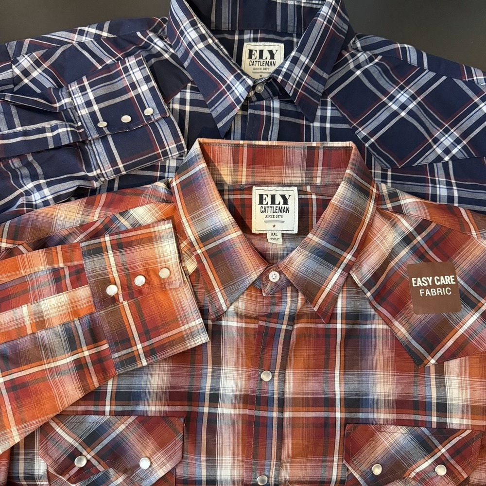 Ely Cattleman Men's Shirt XXL Rust Blue Plaid Pearl Snap Country Western Rodeo 2